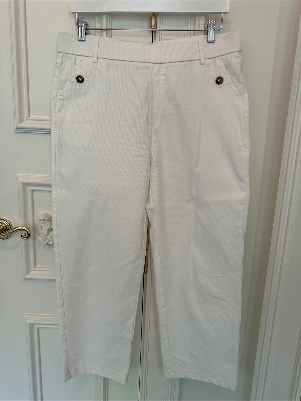 Stretch Cream Straight-Leg Pants, ankle length